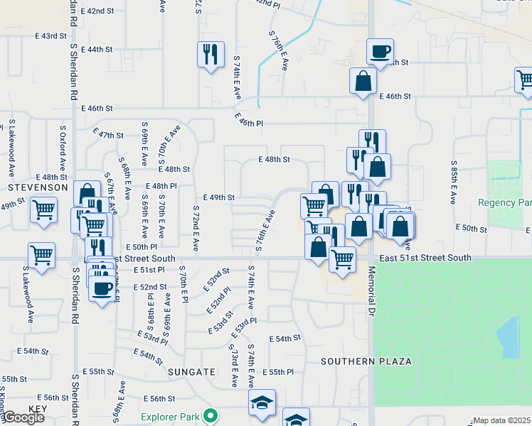 map of restaurants, bars, coffee shops, grocery stores, and more near 4926 South 76th East Avenue in Tulsa