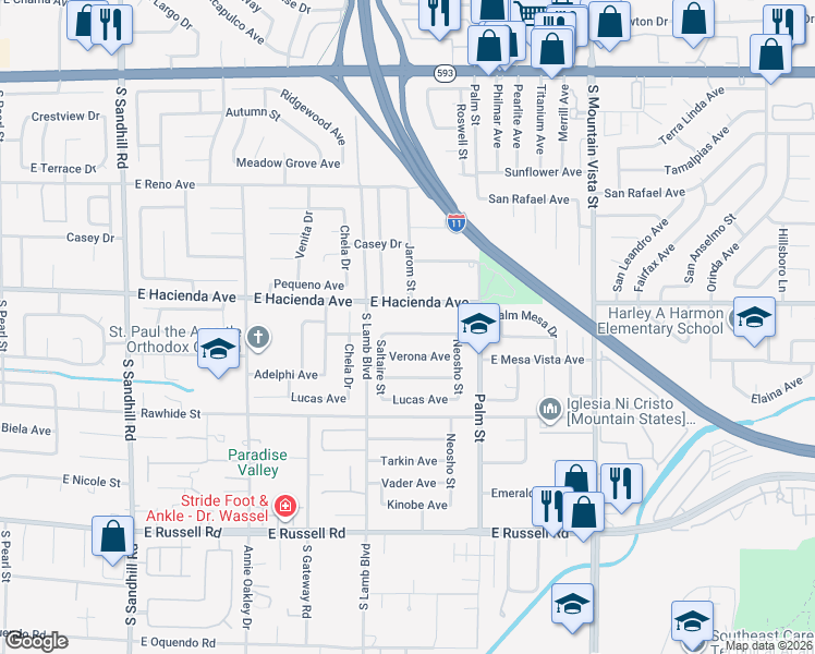 map of restaurants, bars, coffee shops, grocery stores, and more near 4300 Verona Avenue in Las Vegas