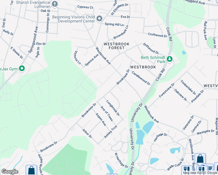 map of restaurants, bars, coffee shops, grocery stores, and more near 609 Brookview Drive in Elon
