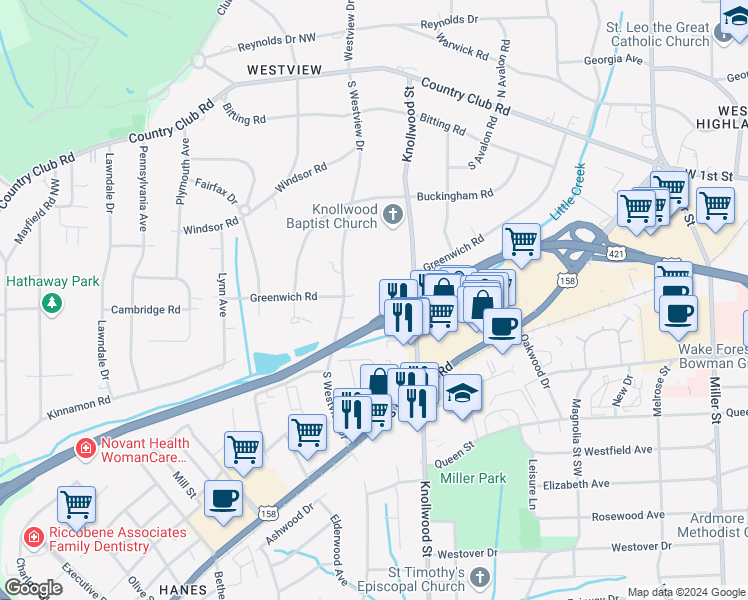 map of restaurants, bars, coffee shops, grocery stores, and more near 345 Hanover Arms Court in Winston-Salem