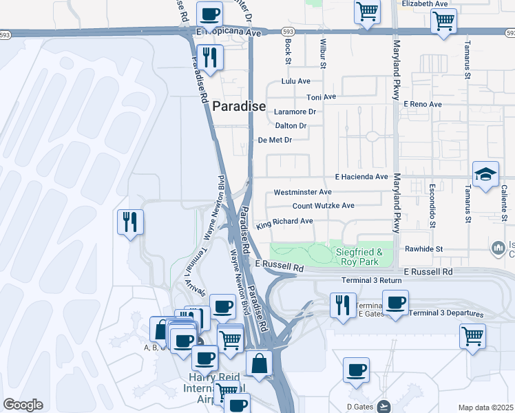 map of restaurants, bars, coffee shops, grocery stores, and more near 5384 South Swenson Street in Las Vegas