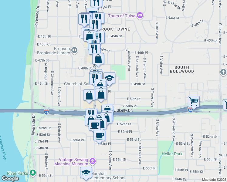 map of restaurants, bars, coffee shops, grocery stores, and more near 4944 South Quincy Avenue in Tulsa