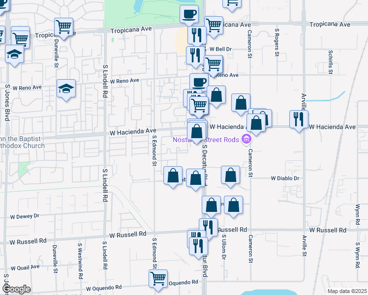 map of restaurants, bars, coffee shops, grocery stores, and more near 5055 West Hacienda Avenue in Las Vegas