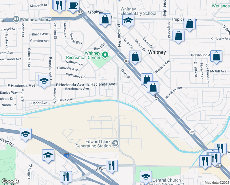 map of restaurants, bars, coffee shops, grocery stores, and more near 5751 East Hacienda Avenue in Las Vegas