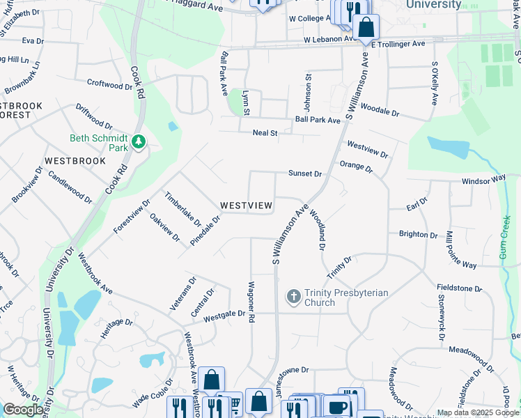 map of restaurants, bars, coffee shops, grocery stores, and more near 210 Courtland Drive in Elon