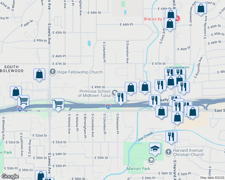 map of restaurants, bars, coffee shops, grocery stores, and more near 2761 East Skelly Drive in Tulsa