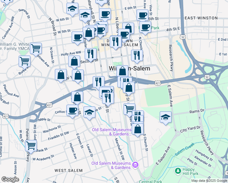 map of restaurants, bars, coffee shops, grocery stores, and more near 221 Cherry Street South in Winston-Salem