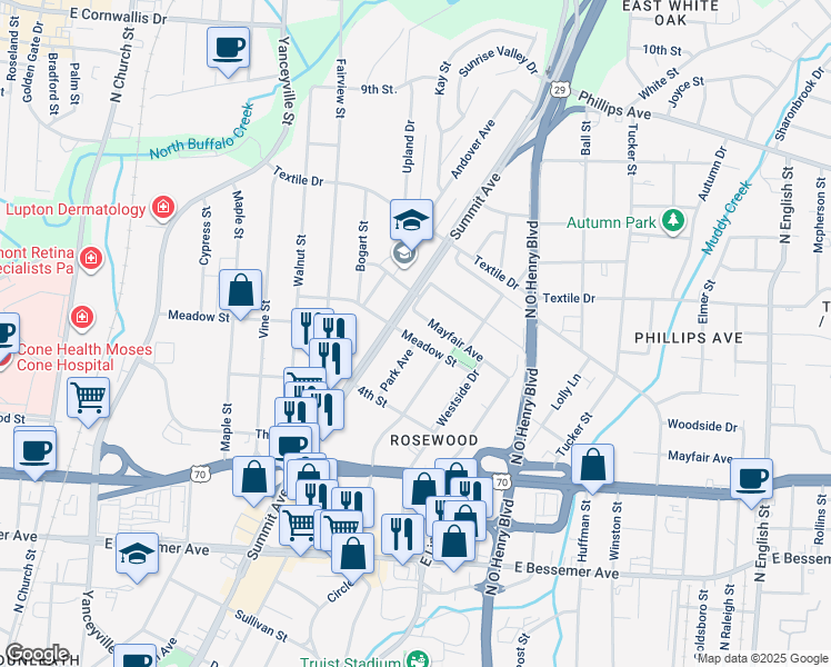 map of restaurants, bars, coffee shops, grocery stores, and more near 1309 Meadow Street in Greensboro