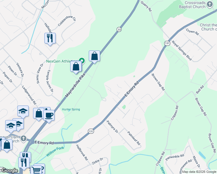 map of restaurants, bars, coffee shops, grocery stores, and more near 7540 Emory Cove Way in Knoxville