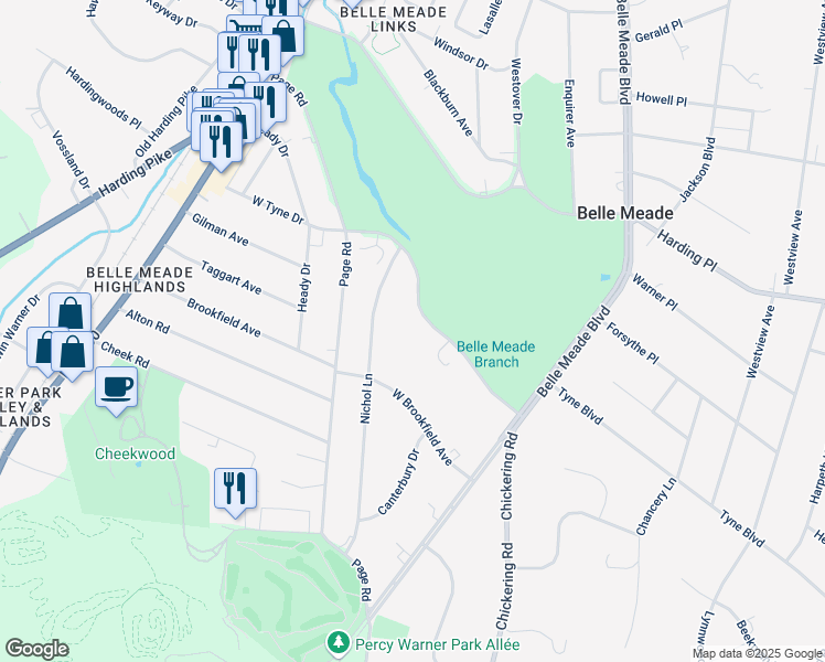 map of restaurants, bars, coffee shops, grocery stores, and more near 407 West Tyne Drive in Nashville