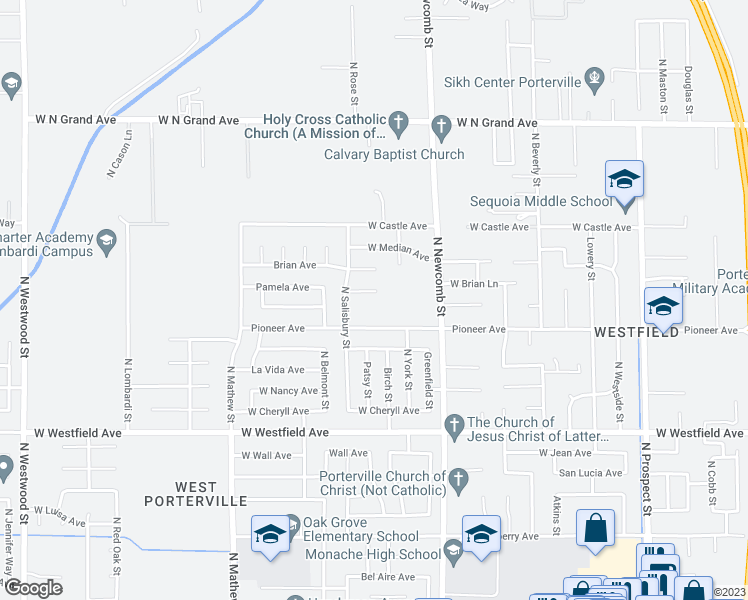 map of restaurants, bars, coffee shops, grocery stores, and more near 1719 Pamela Court in Porterville