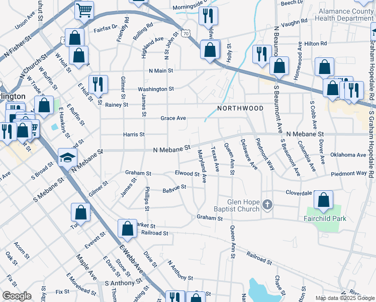 map of restaurants, bars, coffee shops, grocery stores, and more near 1025 North Mebane Street in Burlington