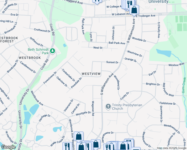map of restaurants, bars, coffee shops, grocery stores, and more near 212 Courtland Drive in Elon