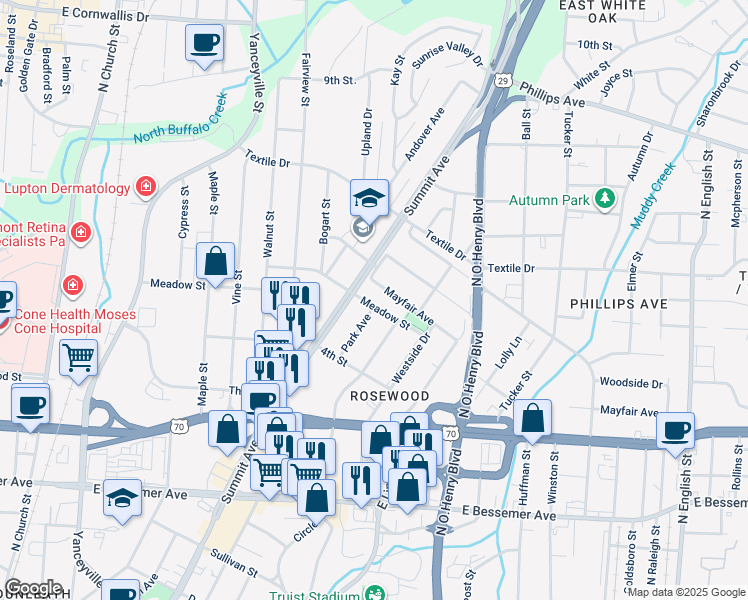map of restaurants, bars, coffee shops, grocery stores, and more near 1309 Meadow Street in Greensboro