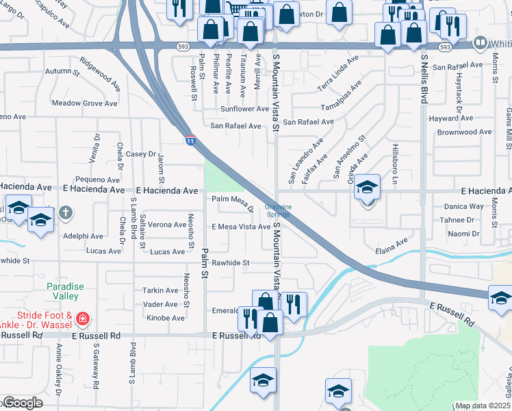 map of restaurants, bars, coffee shops, grocery stores, and more near 5383 South Mountain Vista Street in Las Vegas