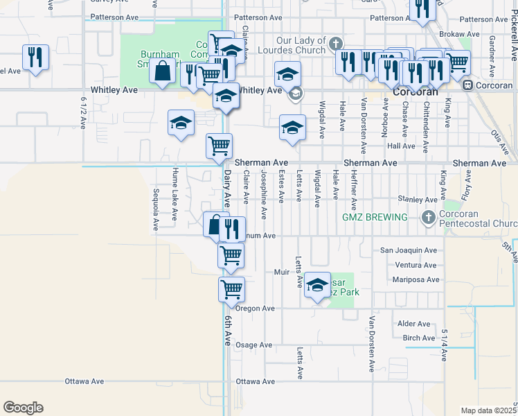 map of restaurants, bars, coffee shops, grocery stores, and more near 1709 Josephine Ave in Corcoran