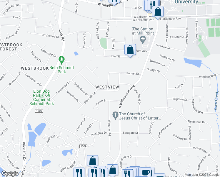 map of restaurants, bars, coffee shops, grocery stores, and more near 212 Courtland Drive in Elon