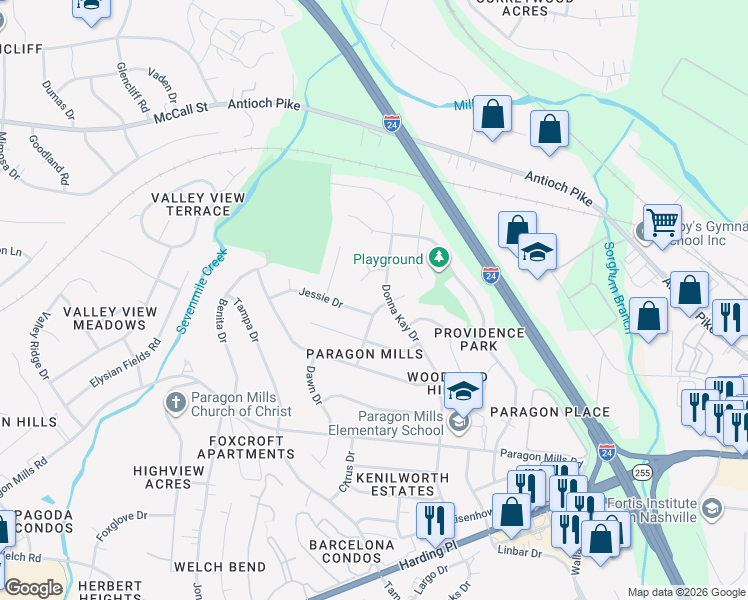 map of restaurants, bars, coffee shops, grocery stores, and more near 524 Jasmin Drive in Nashville