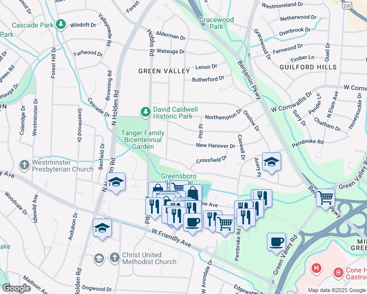 map of restaurants, bars, coffee shops, grocery stores, and more near 3009 New Hanover Drive in Greensboro