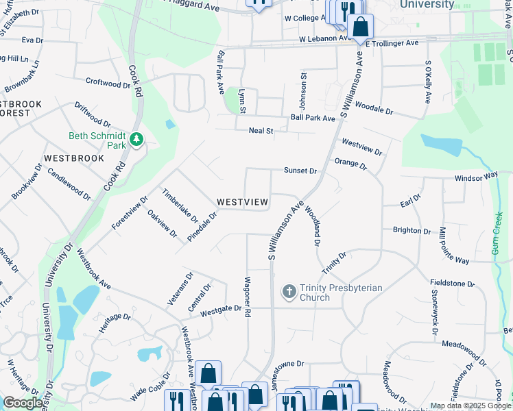 map of restaurants, bars, coffee shops, grocery stores, and more near 210 Courtland Drive in Elon