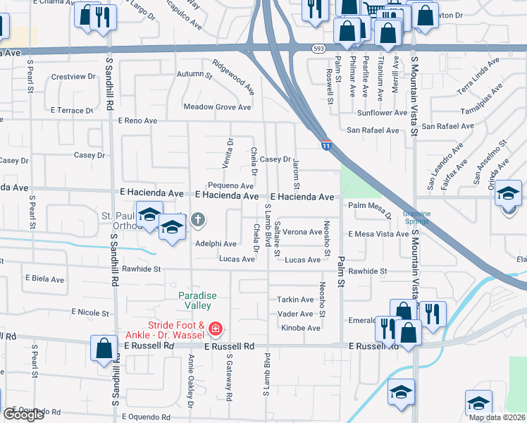 map of restaurants, bars, coffee shops, grocery stores, and more near 5373 Chela Drive in Las Vegas
