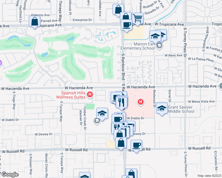 map of restaurants, bars, coffee shops, grocery stores, and more near 5355 South Rainbow Boulevard in Las Vegas