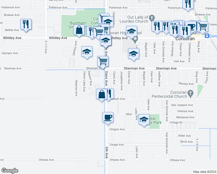 map of restaurants, bars, coffee shops, grocery stores, and more near 1710 Claire Avenue in Corcoran