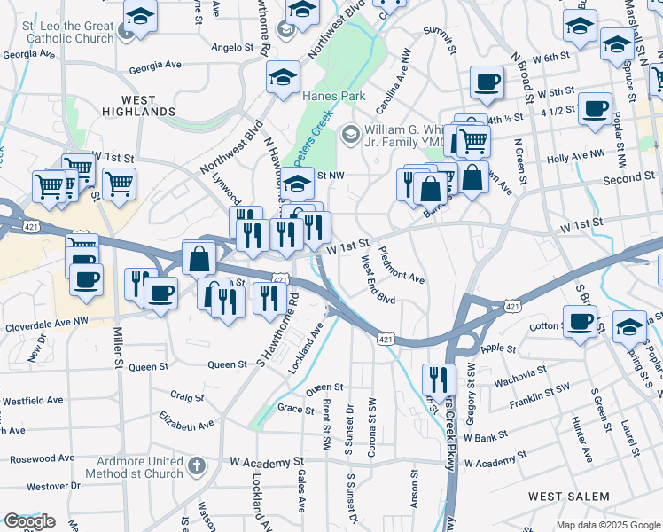 map of restaurants, bars, coffee shops, grocery stores, and more near 130 South Sunset Drive in Winston-Salem