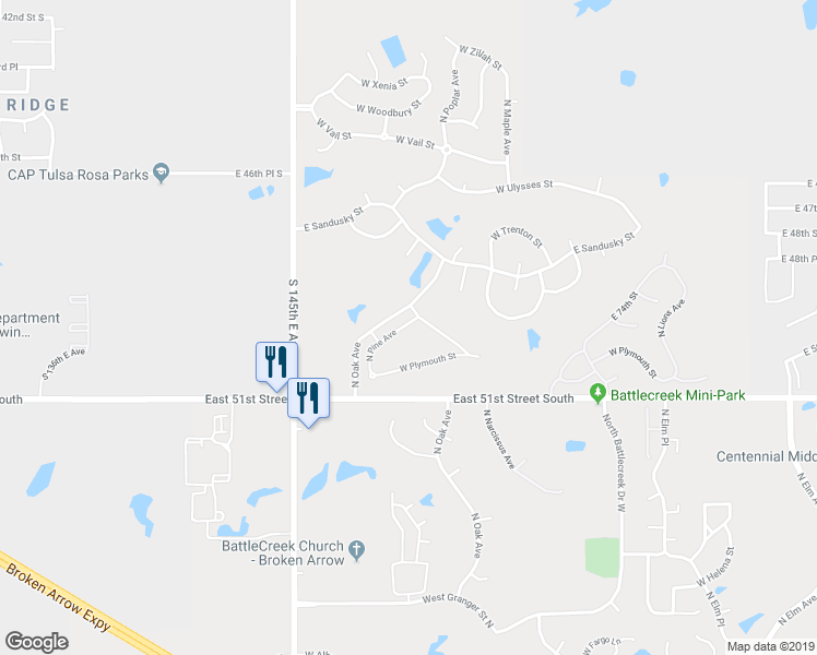 map of restaurants, bars, coffee shops, grocery stores, and more near 1711 West Plymouth Place in Broken Arrow