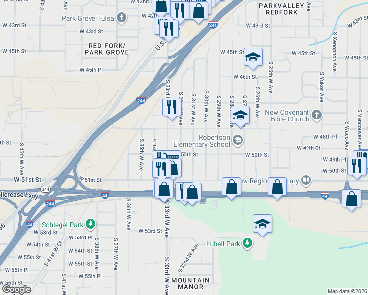 map of restaurants, bars, coffee shops, grocery stores, and more near 5002 South 32nd West Avenue in Tulsa