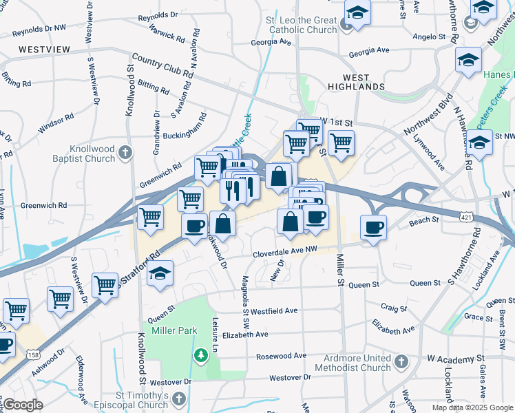 map of restaurants, bars, coffee shops, grocery stores, and more near 2357 Ardmore Terrace in Winston-Salem