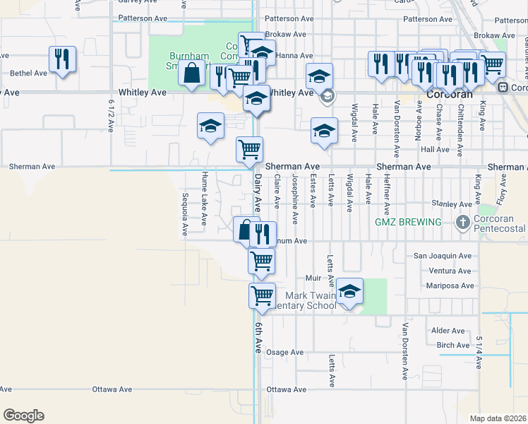 map of restaurants, bars, coffee shops, grocery stores, and more near 1710 Claire Avenue in Corcoran