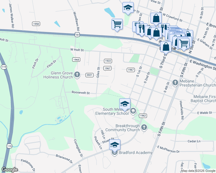 map of restaurants, bars, coffee shops, grocery stores, and more near 603 Mc Kinley Street in Mebane