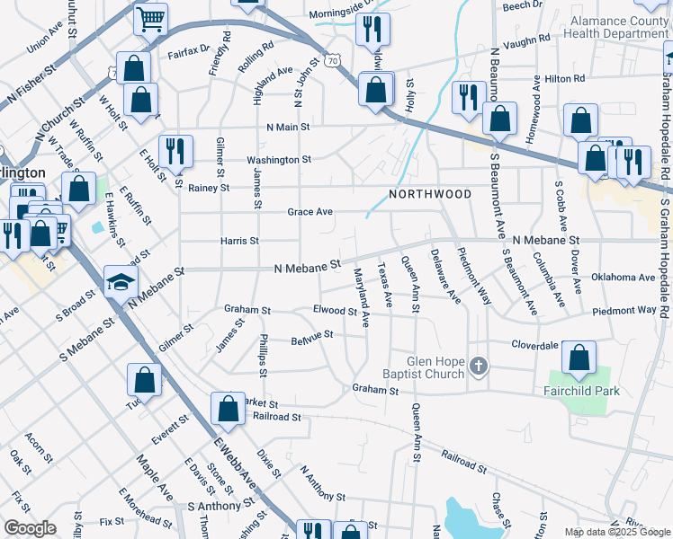 map of restaurants, bars, coffee shops, grocery stores, and more near 1025 North Mebane Street in Burlington