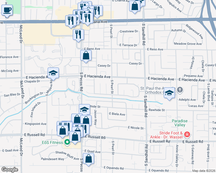 map of restaurants, bars, coffee shops, grocery stores, and more near 5397 South Pearl Street in Las Vegas