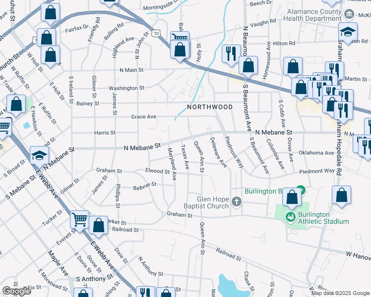 map of restaurants, bars, coffee shops, grocery stores, and more near 512 Texas Avenue in Burlington
