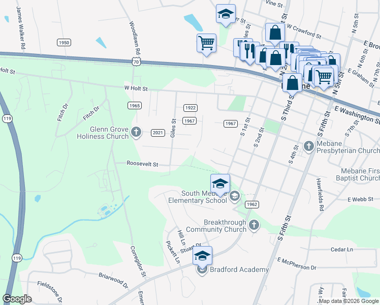 map of restaurants, bars, coffee shops, grocery stores, and more near 603 Mc Kinley Street in Mebane