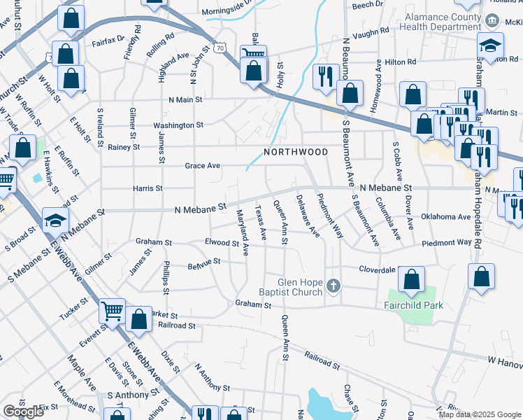map of restaurants, bars, coffee shops, grocery stores, and more near 512 Texas Avenue in Burlington
