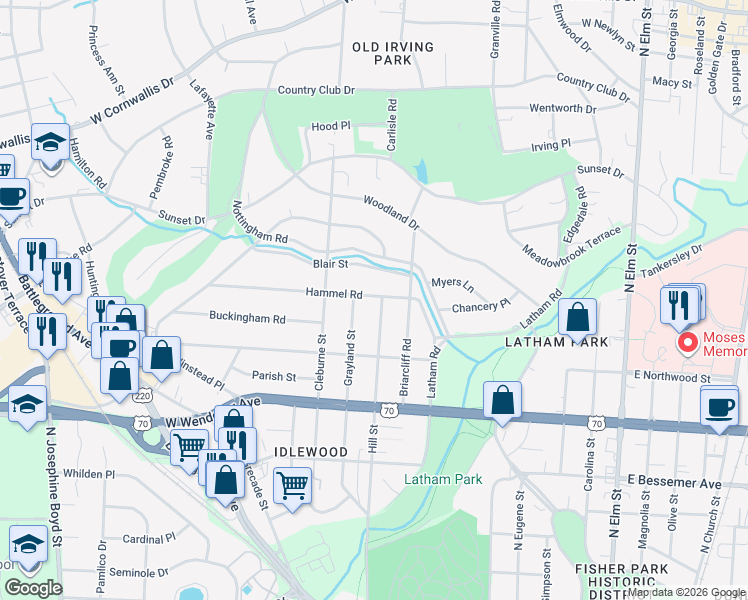 map of restaurants, bars, coffee shops, grocery stores, and more near 1211 Hill Street in Greensboro