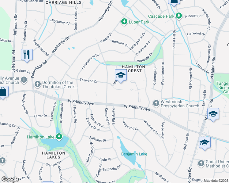 map of restaurants, bars, coffee shops, grocery stores, and more near 4010 West Friendly Avenue in Greensboro