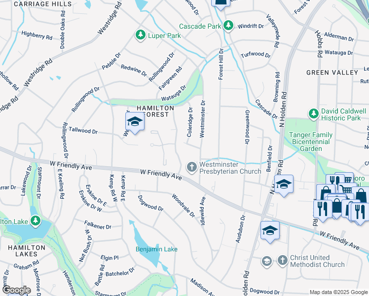 map of restaurants, bars, coffee shops, grocery stores, and more near 3507 Redington Drive in Greensboro