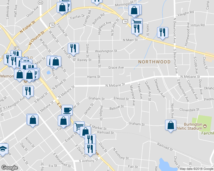 map of restaurants, bars, coffee shops, grocery stores, and more near 916 North Mebane Street in Burlington