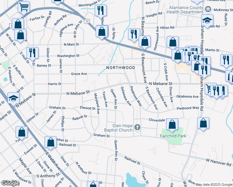 map of restaurants, bars, coffee shops, grocery stores, and more near 1215 North Mebane Street in Burlington