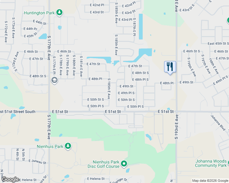 map of restaurants, bars, coffee shops, grocery stores, and more near 4902 South 186th East Avenue in Tulsa