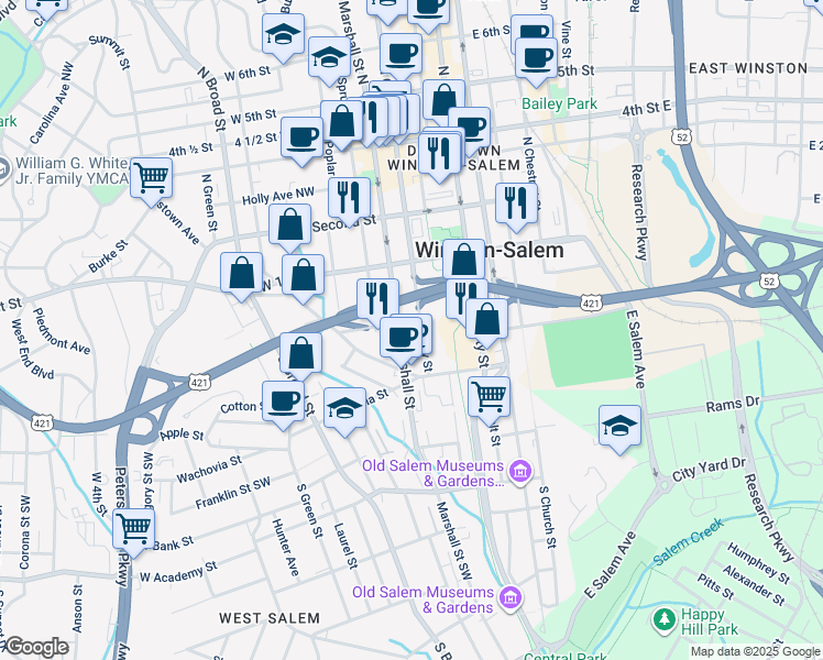 map of restaurants, bars, coffee shops, grocery stores, and more near 210 Cherry Street in Winston-Salem