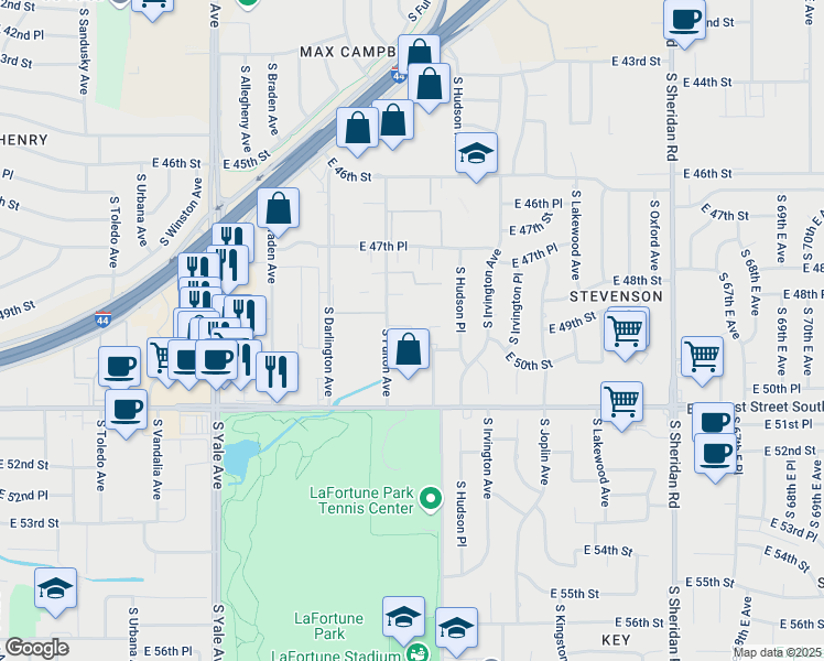 map of restaurants, bars, coffee shops, grocery stores, and more near 5521 East 48th Place in Tulsa