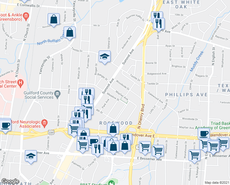 map of restaurants, bars, coffee shops, grocery stores, and more near 1312 Mayfair Avenue in Greensboro