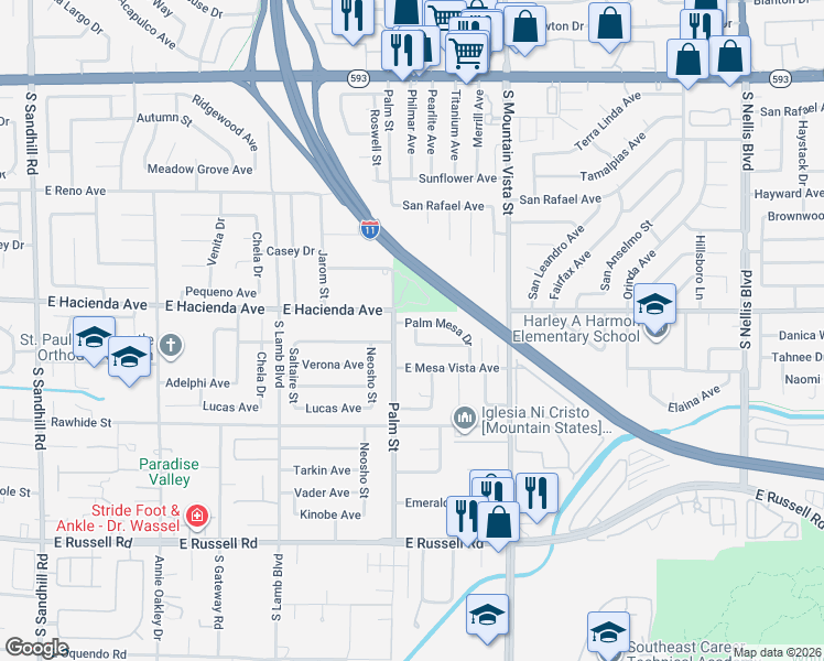 map of restaurants, bars, coffee shops, grocery stores, and more near 4431 Palm Mesa Drive in Las Vegas