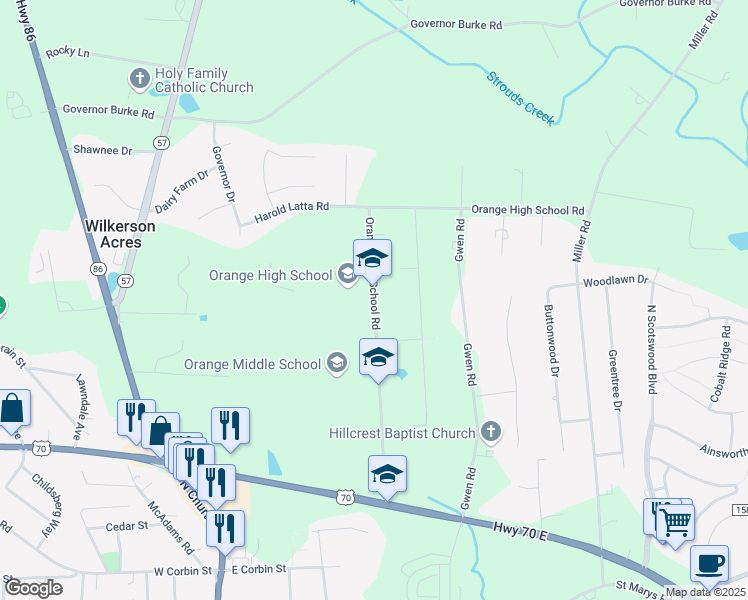 map of restaurants, bars, coffee shops, grocery stores, and more near 500 Orange High School Road in Hillsborough