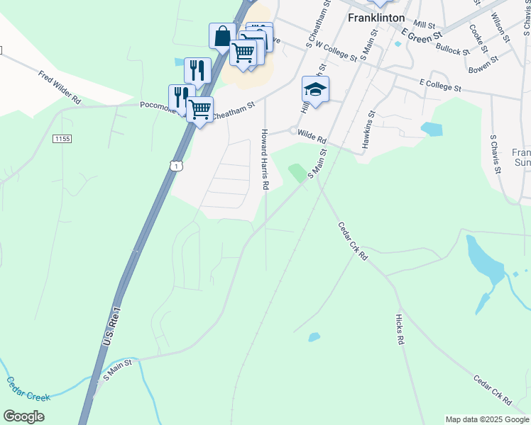 map of restaurants, bars, coffee shops, grocery stores, and more near 164 Howard Harris Road in Franklinton